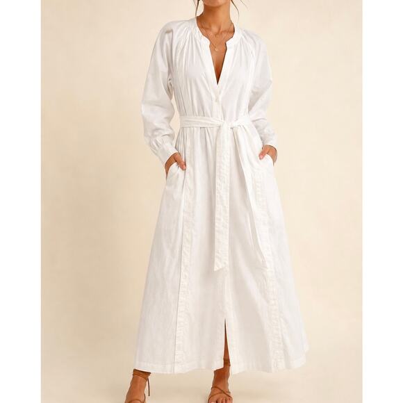 Free People Dresses & Skirts - Free People Charlie White Cotton V Neck Maxi Dress Tie Waist Pockets Size Medium